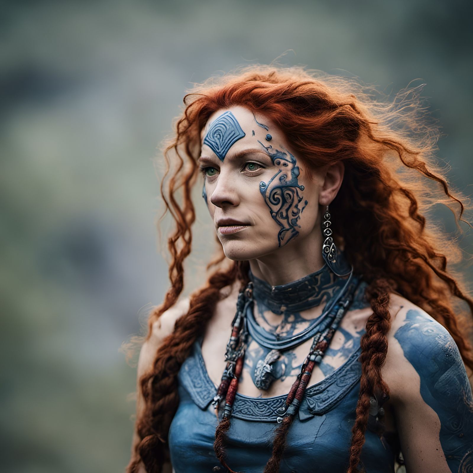 A female Pictish warrior matriarch, her skin adorned with In...