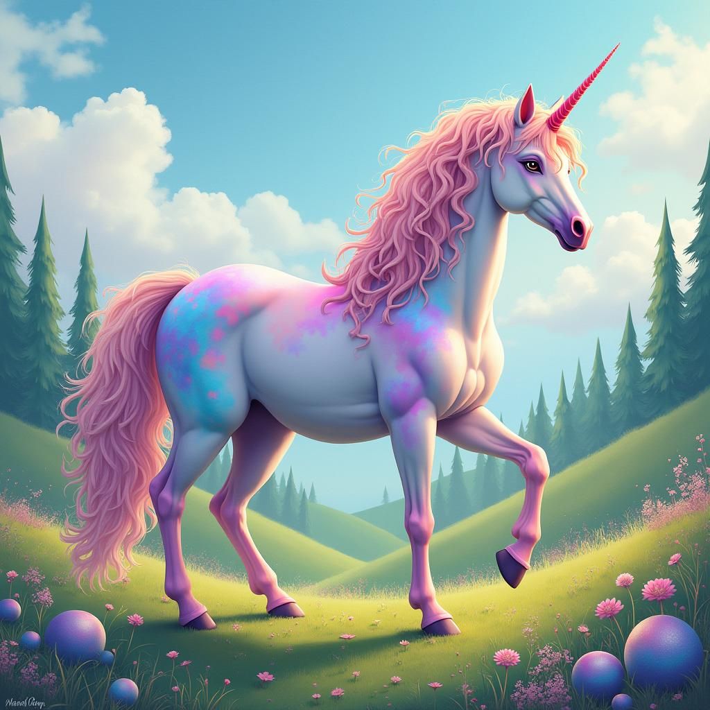 Pastel Unicorn in Dreamlike Miyazaki Landscape