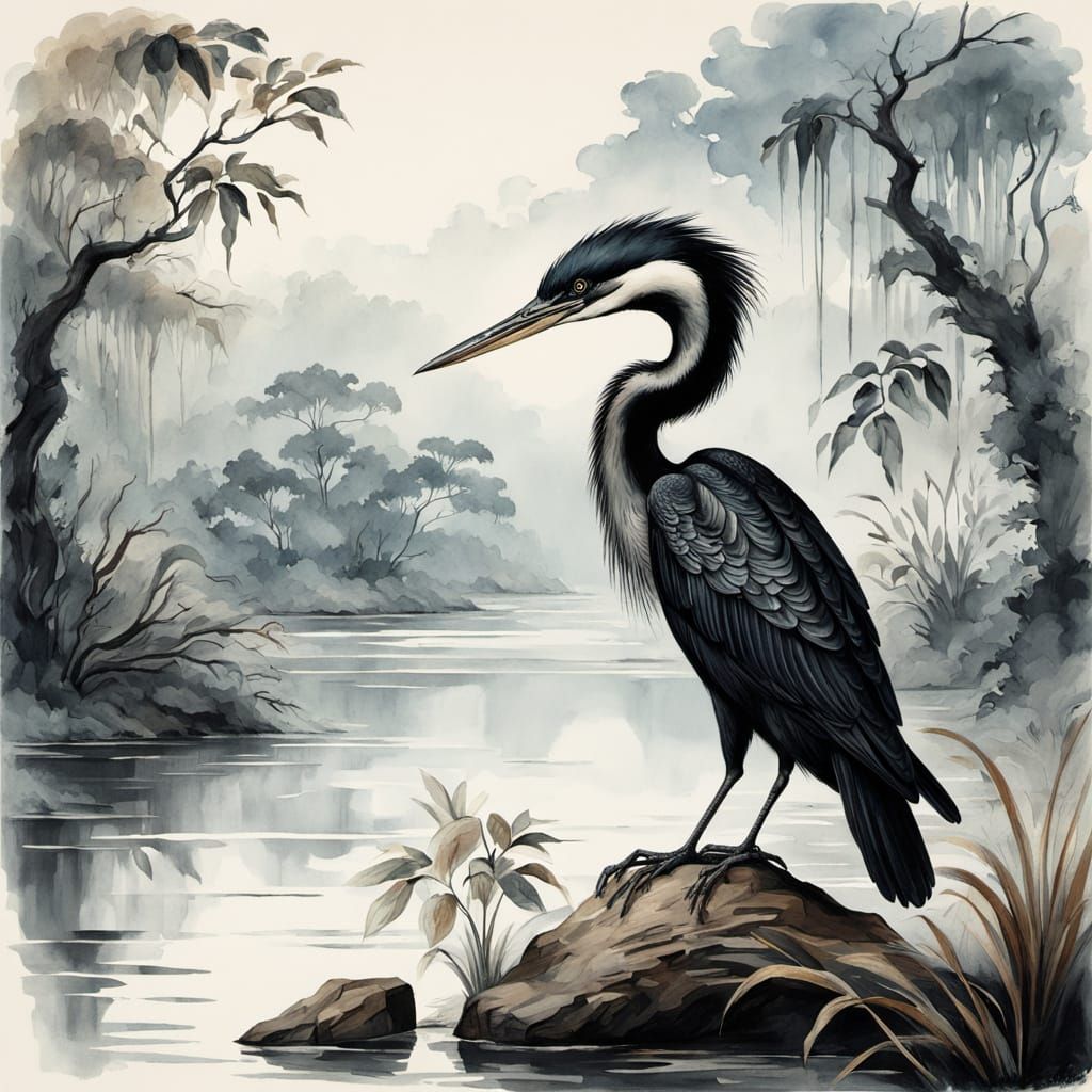 Anhinga Bird on Gnarled Branch in Vintage Ink Style
