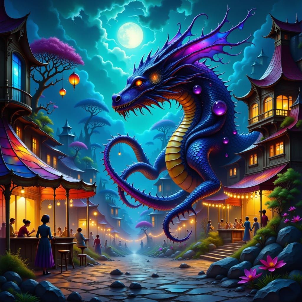 Eerie Carnival Octopi-Dragon Hybrid in Surreal Style