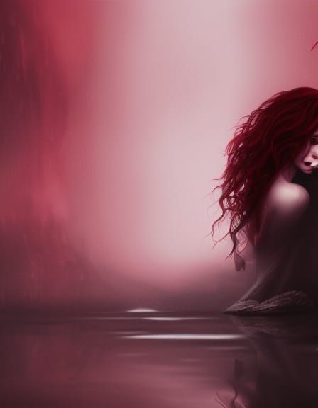 Eerie Girl and Crimson Reflection in Digital Art