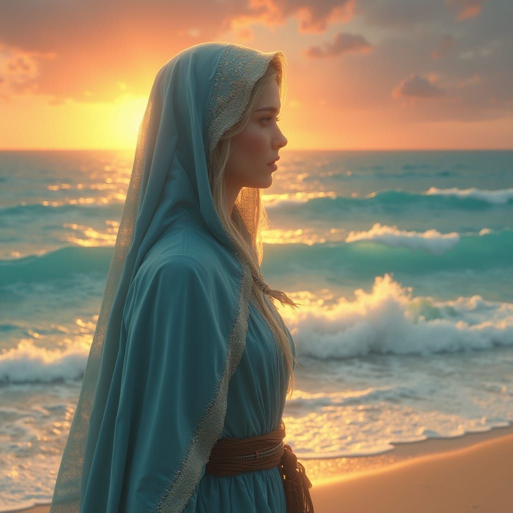 Serene Medieval Nun on Sandy Beach in Fantasy Realm