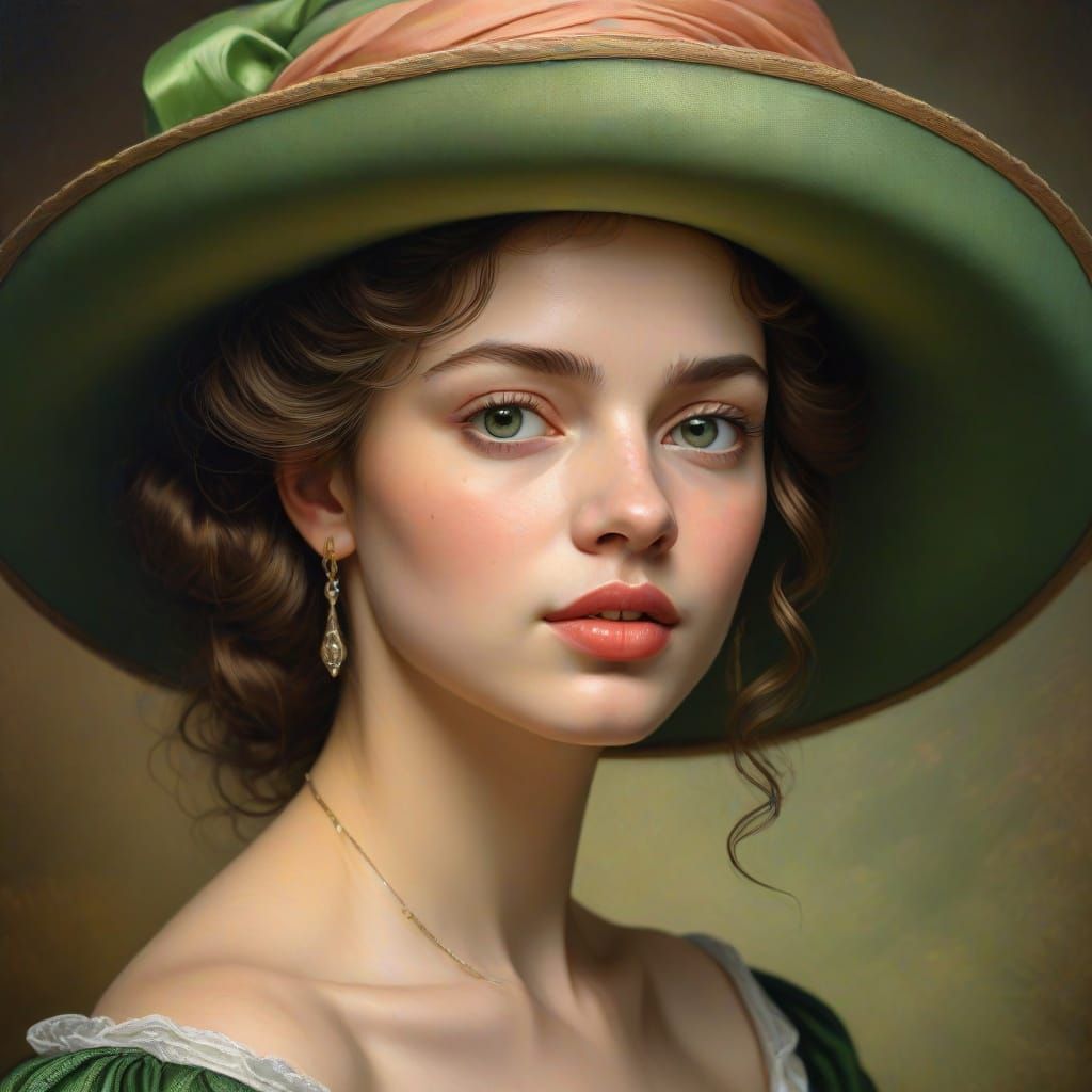 Green-eyed Woman in Hat: Classical Oil Painting Portrait
