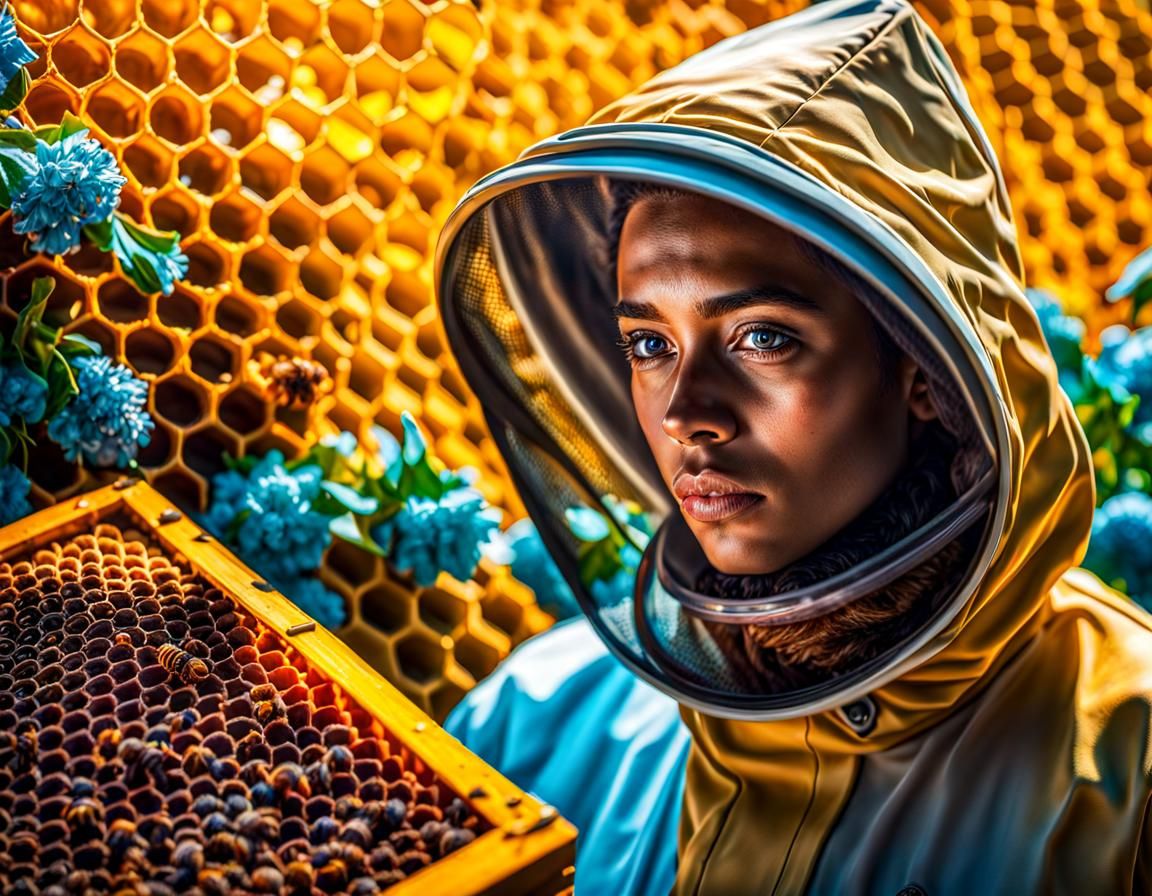 Bee's-Eye View of Beekeeper in Hyperrealistic Style