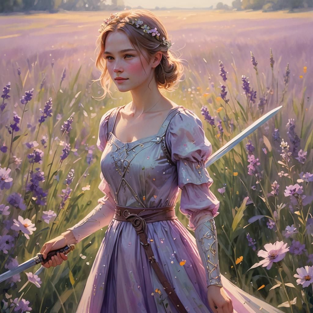 Lumine Violet in Flower Field: Pastel Concept Art