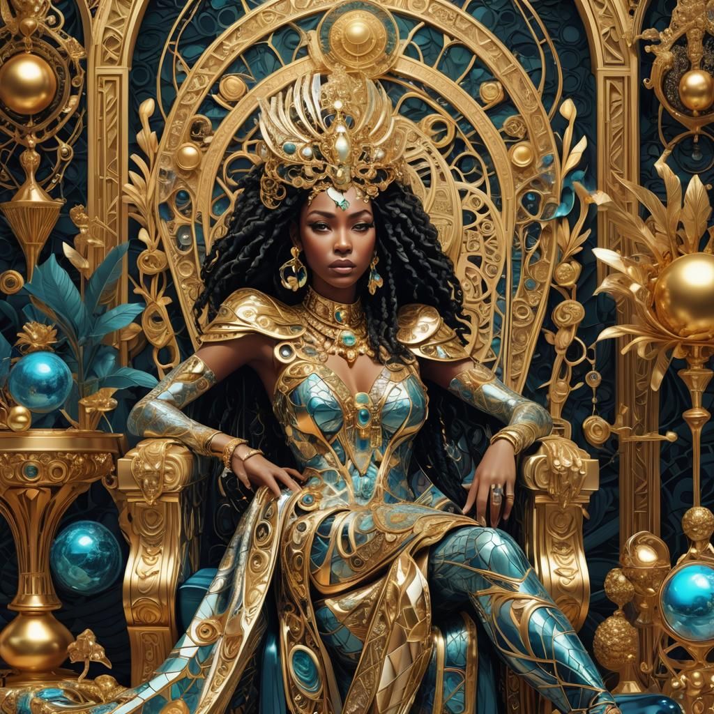 Opulent Woman on Throne in Luxurious Digital Art