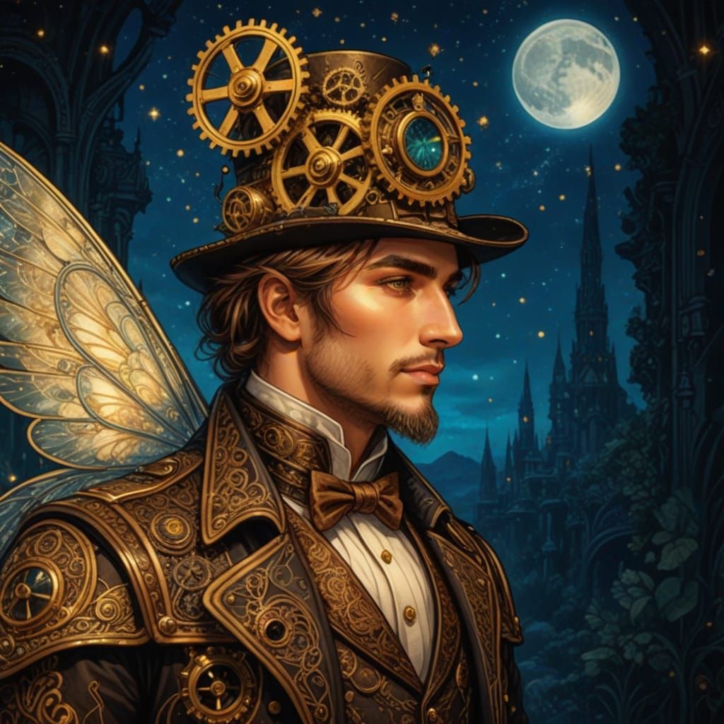 Steampunk Fairy Gentleman Portrait with Golden Gears