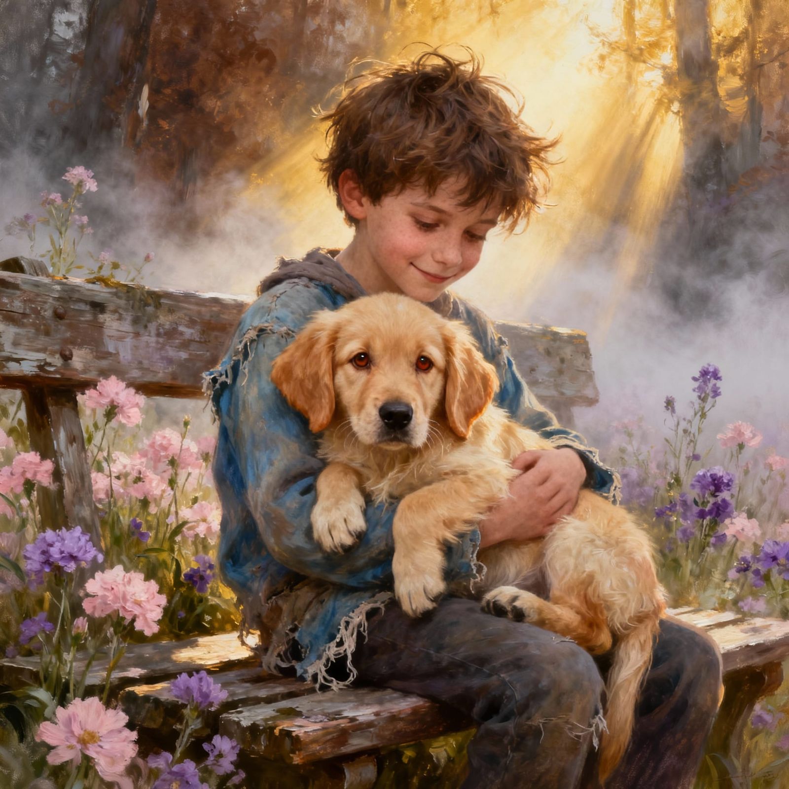 Boy and Golden Retriever Puppy on Bench in Ethereal Light