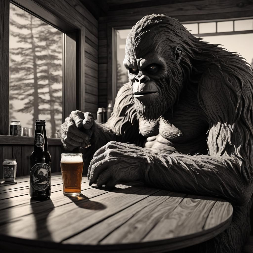 sasquatch and an alien drinking a beer