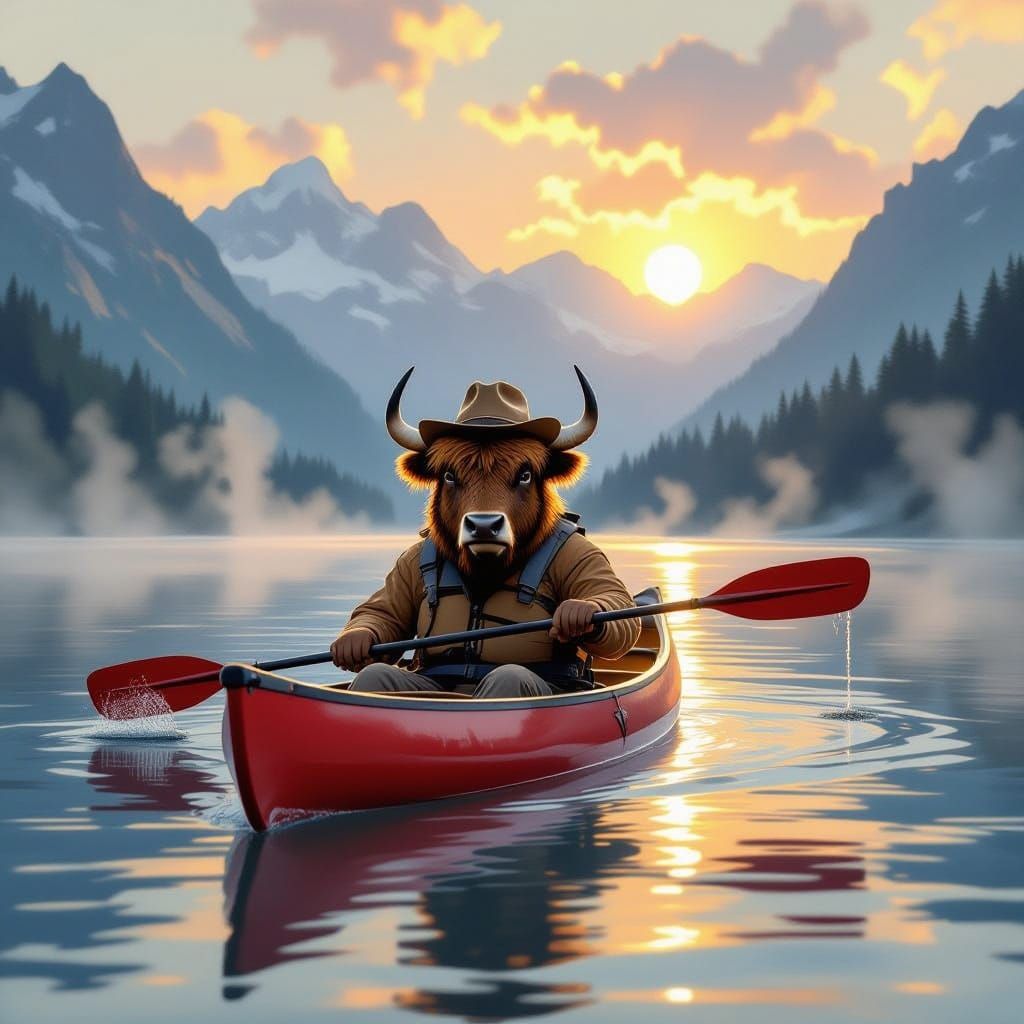 Anthropomorphic Yak Kayaking at Dawn