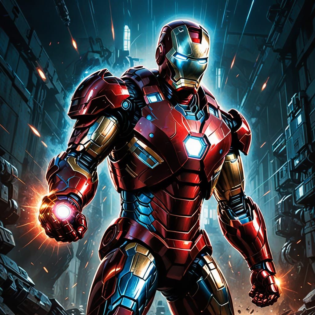 Iron Man with Laser Eyes and Grappling Hook in Comic Style