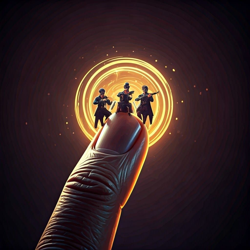 Ethereal Orchestra Perched on a Gnarled Finger in Dark Fanta...