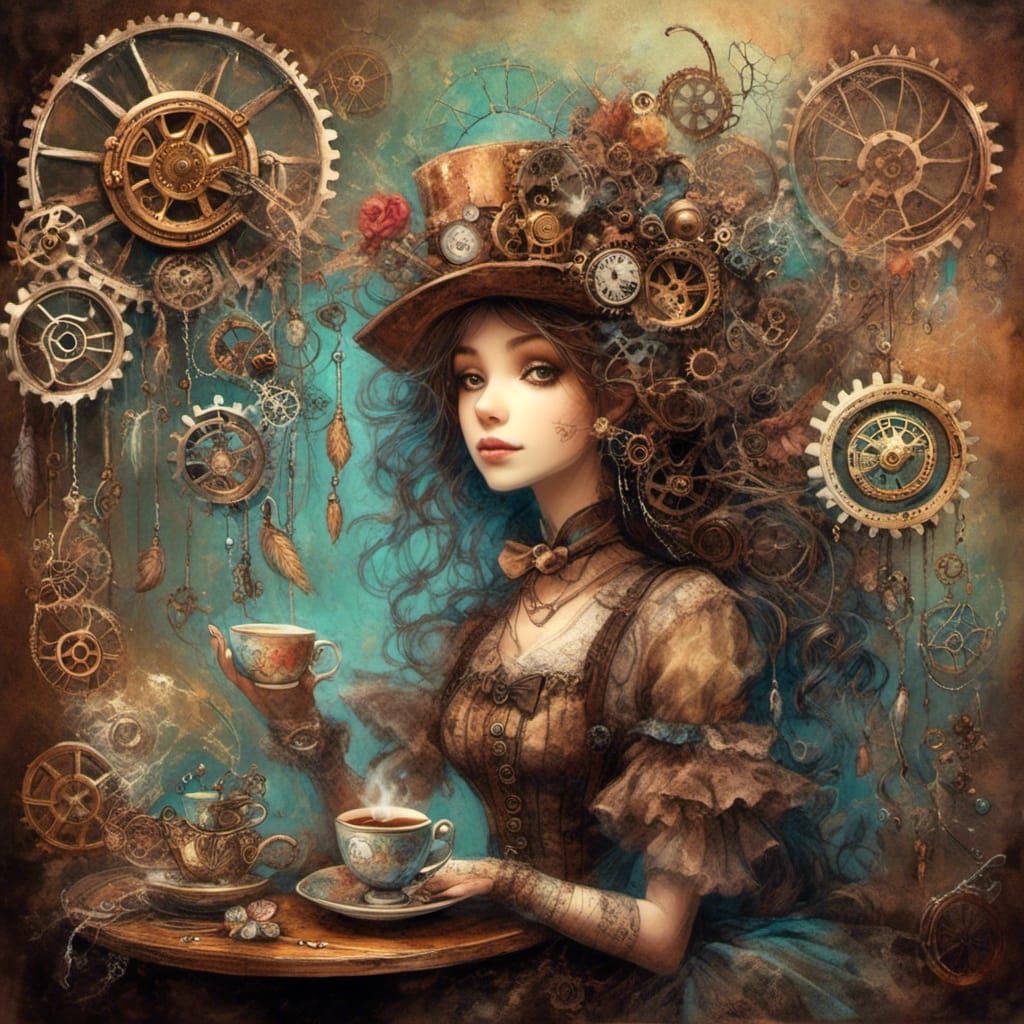 <lora:Steamdreams1:1.0> Vivid colors, Victorian steampunk woman drinking tea, gears,
steampunk dream catcher, Deus Mach...