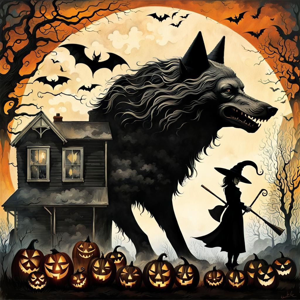 Panther-Girl Silhouette in Halloween Dreamscape