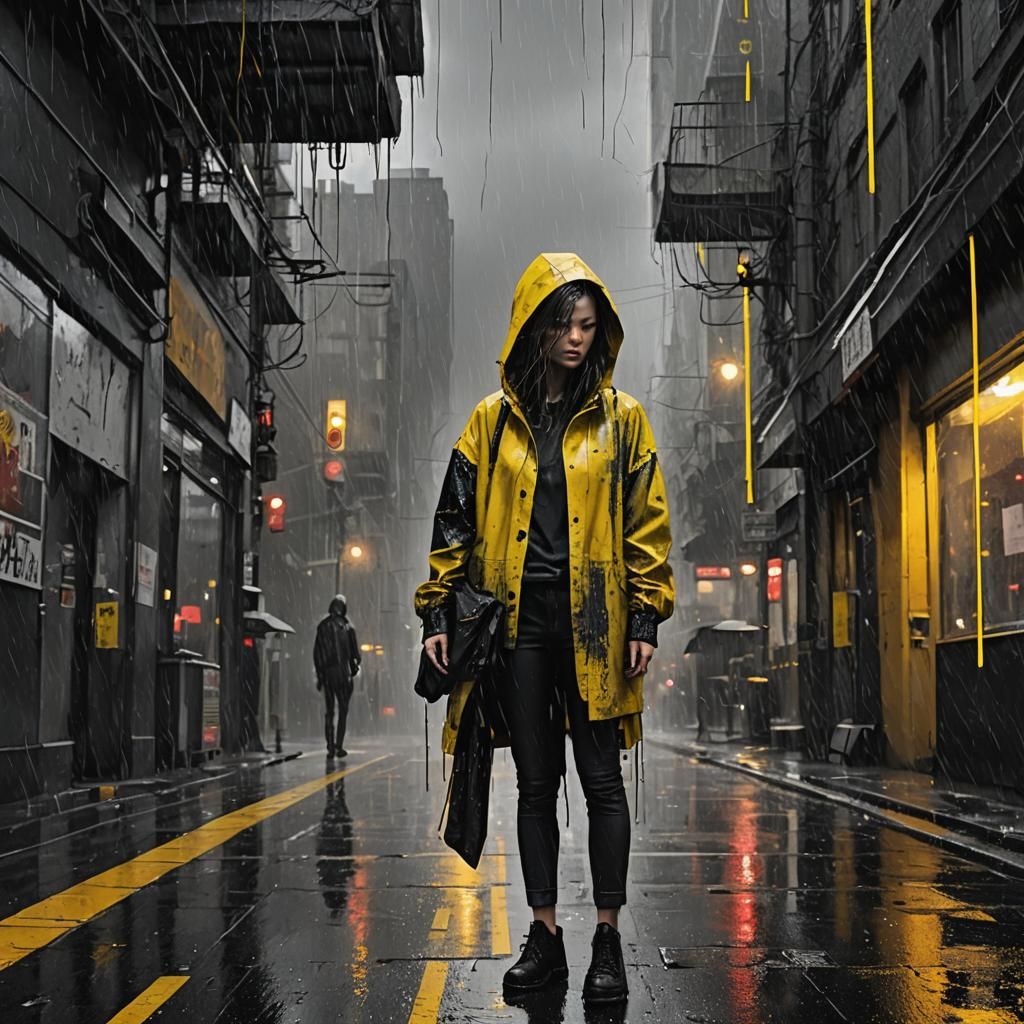 Young Woman in Black and Yellow Rain, Digital Painting