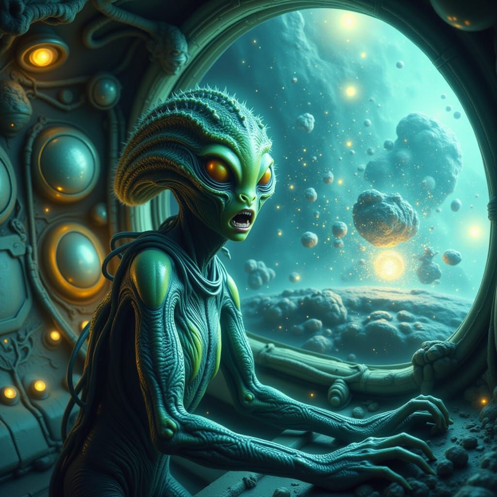 Alien Spaceship Impact: Female Alien's Shock in Photorealist...