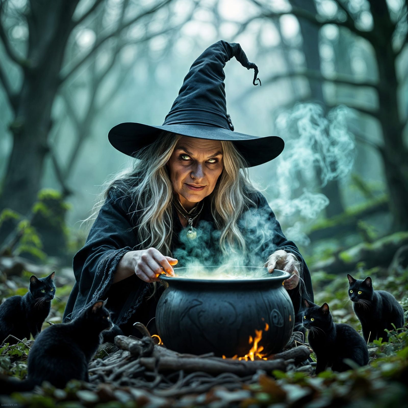 Photo-Realistic Ugly Witch Over Cauldron in Forest