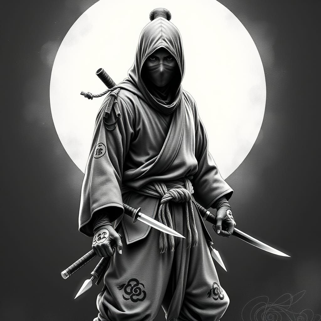 Hyper-Realistic Monochromatic Ninja Portrait in Traditional ...