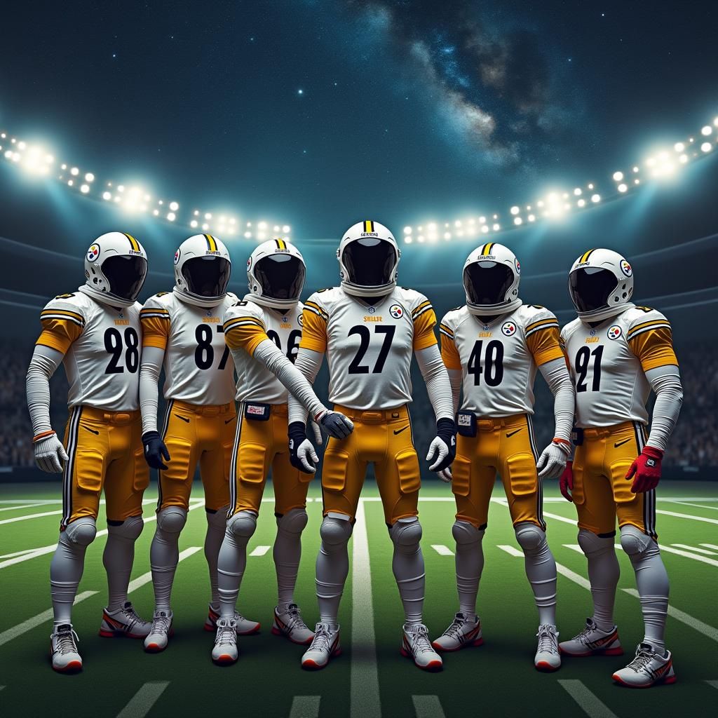 Astronauts in Steeler Suits on Cosmic Football Field