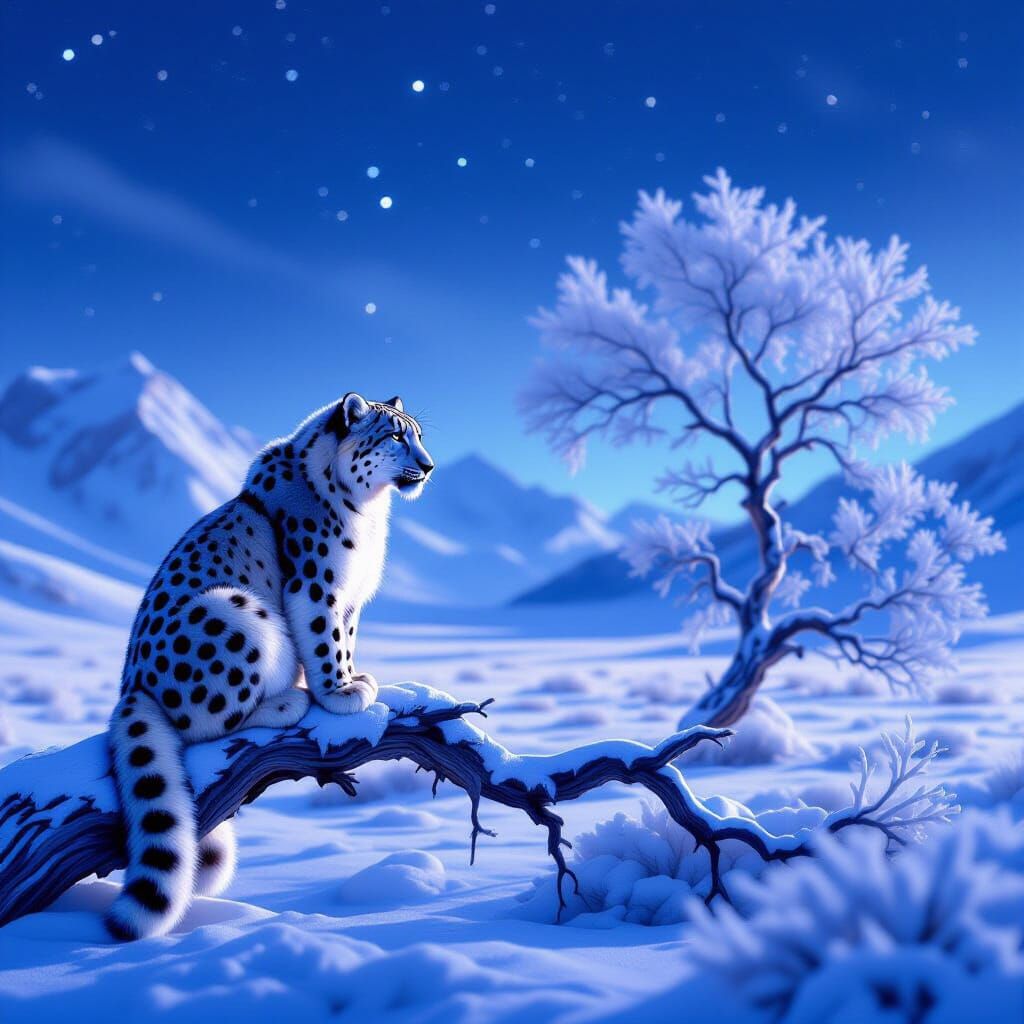 Snow Leopard on Frosty Branch at Twilight