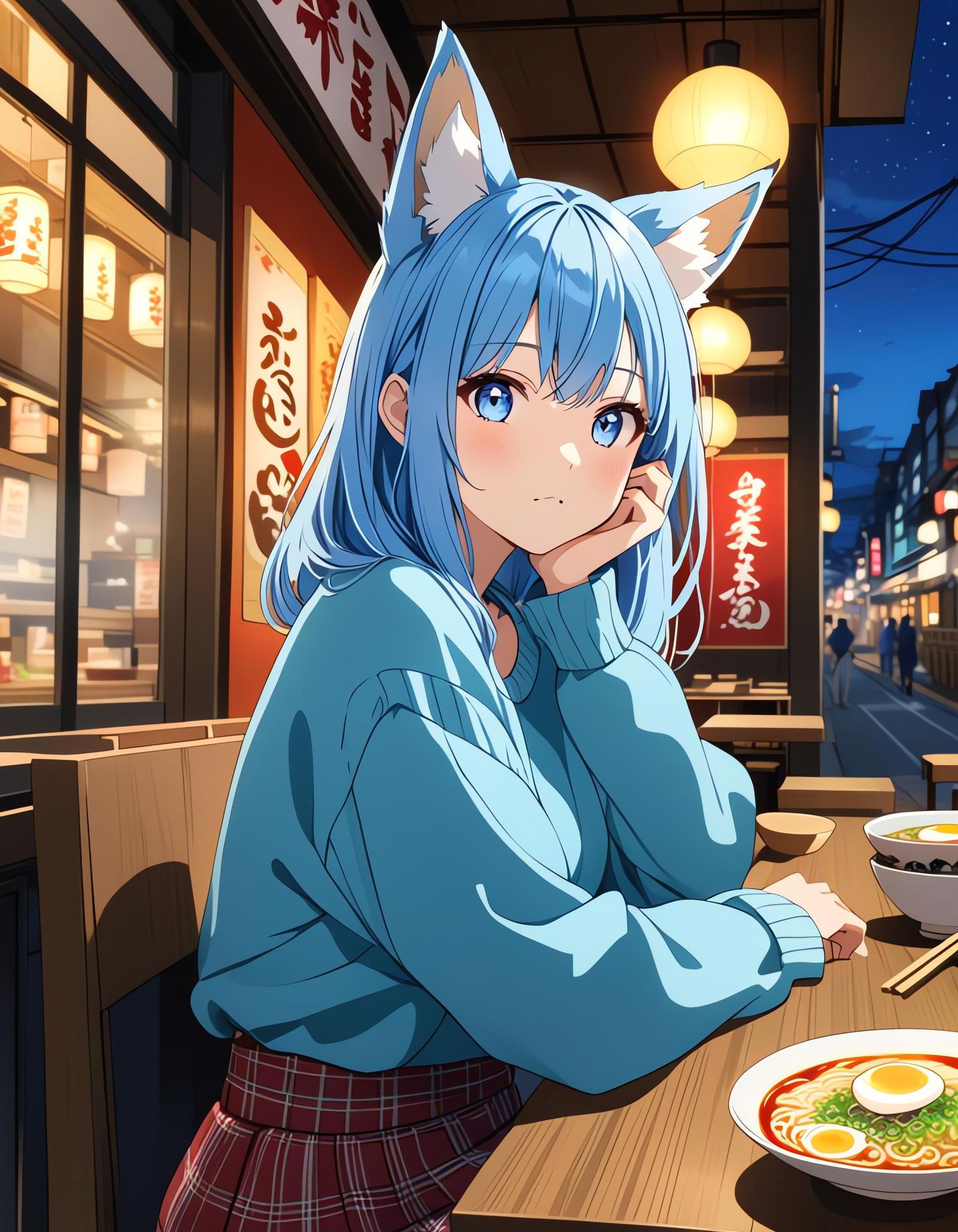 Cute Fox Girl in Ramen Shop at Night