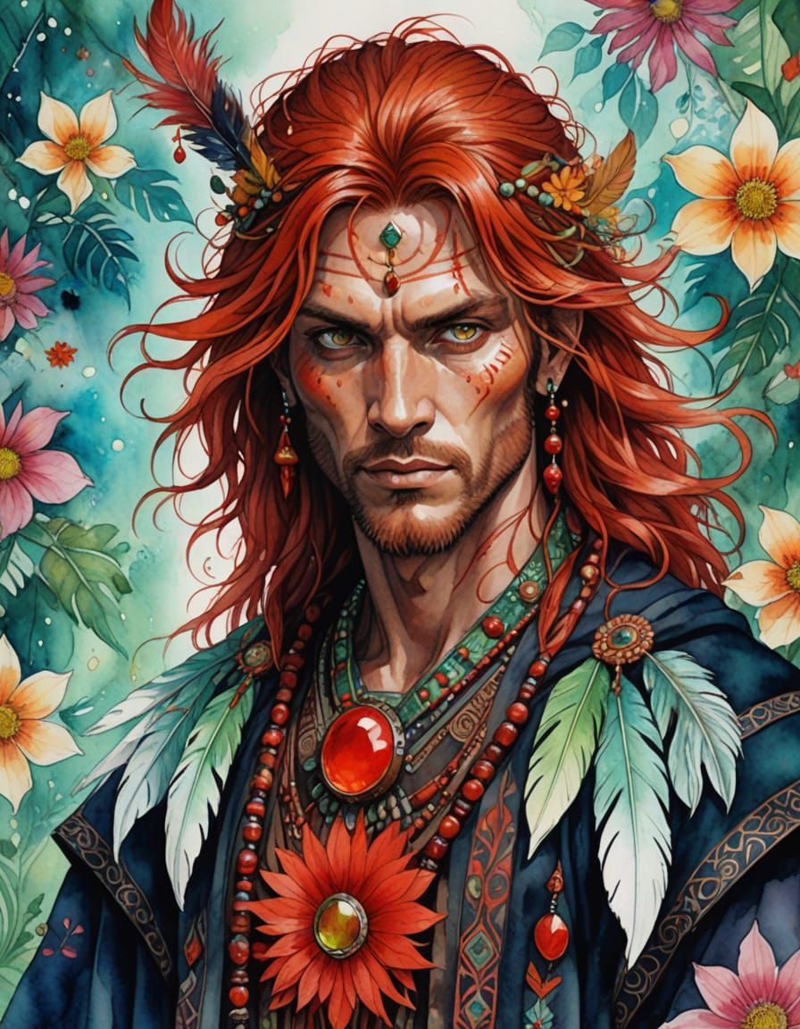Mysterious Shaman with Red Hair and Green Eyes in Watercolor