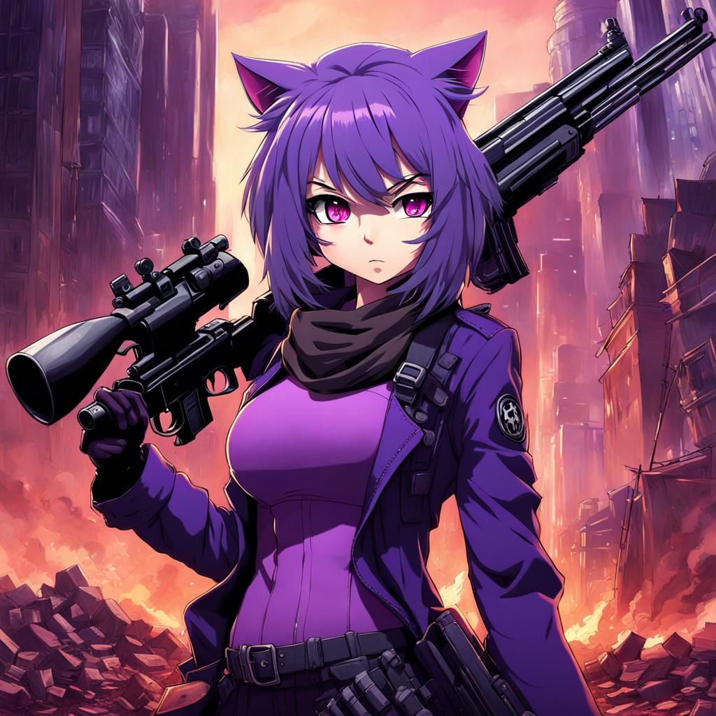 Anime Catgirl with Shotgun in Apocalyptic Setting