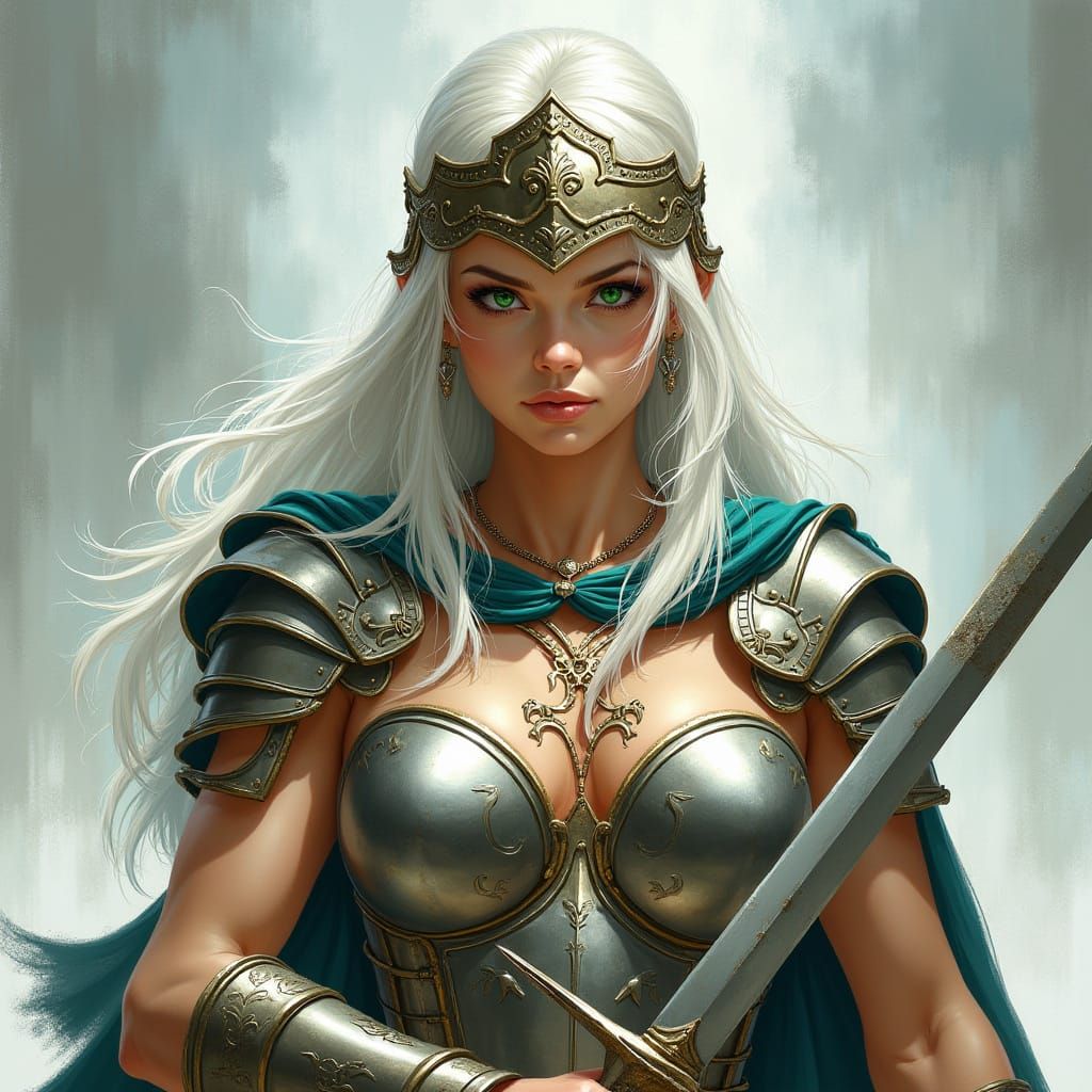 Elegant Spartan Warrior with Long Blonde Hair and Piercing G...