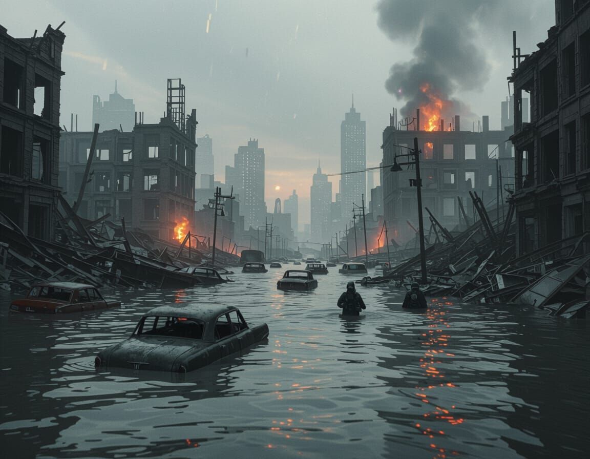 Dystopian Cityscape Sinking into Ruin