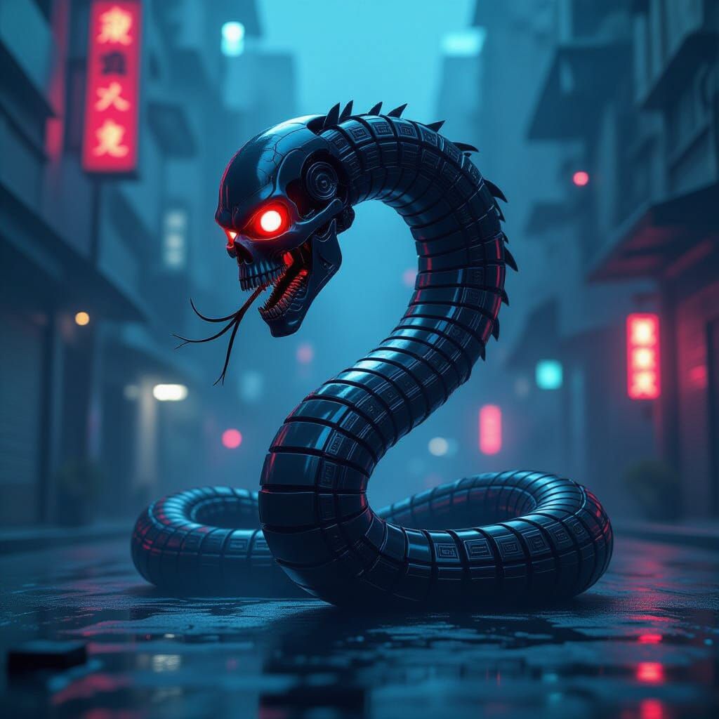 Cyberpunk Robot Serpent With Skull Head in Neon City