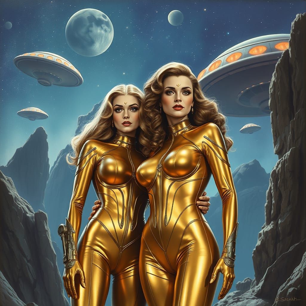 Surreal Retrofuturist Goddesses in Shimmering Gold Armor, In...