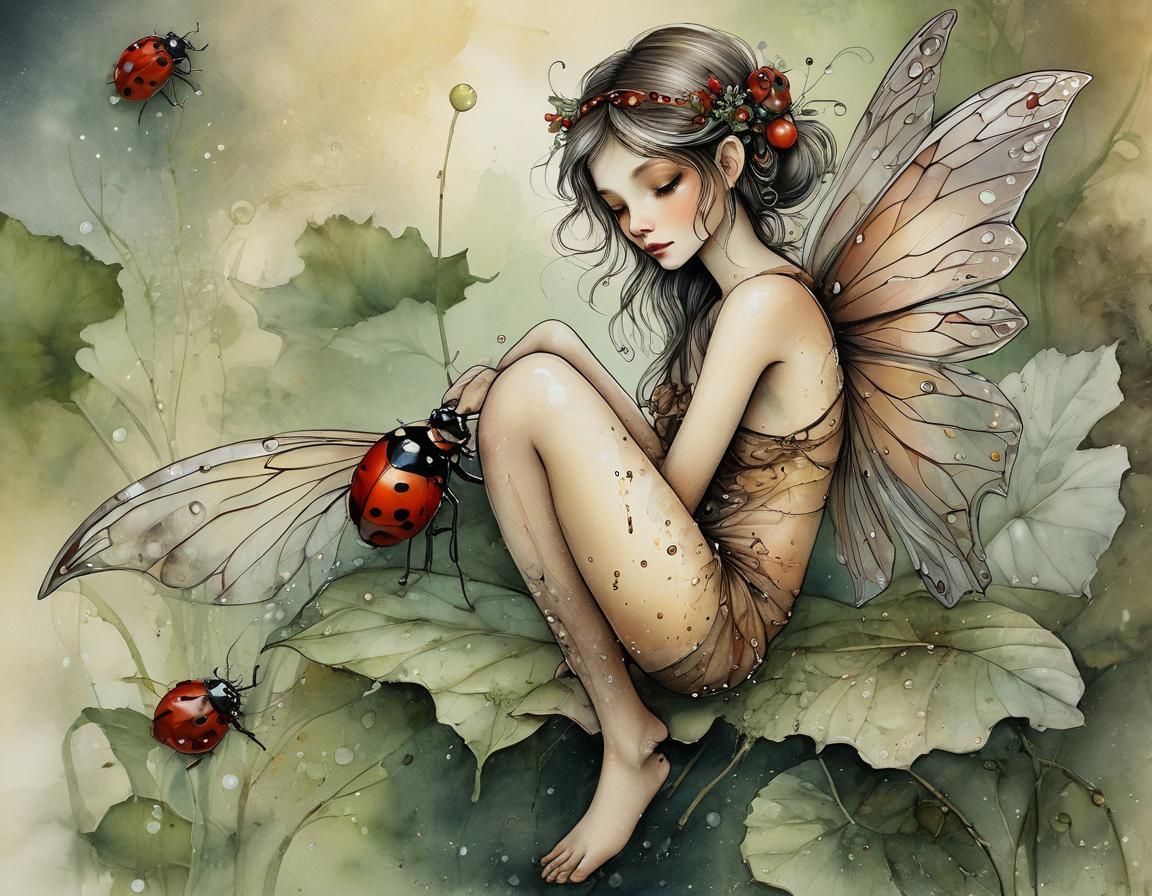 Fairy on Dew-Kissed Ladybug: Macro Illustration