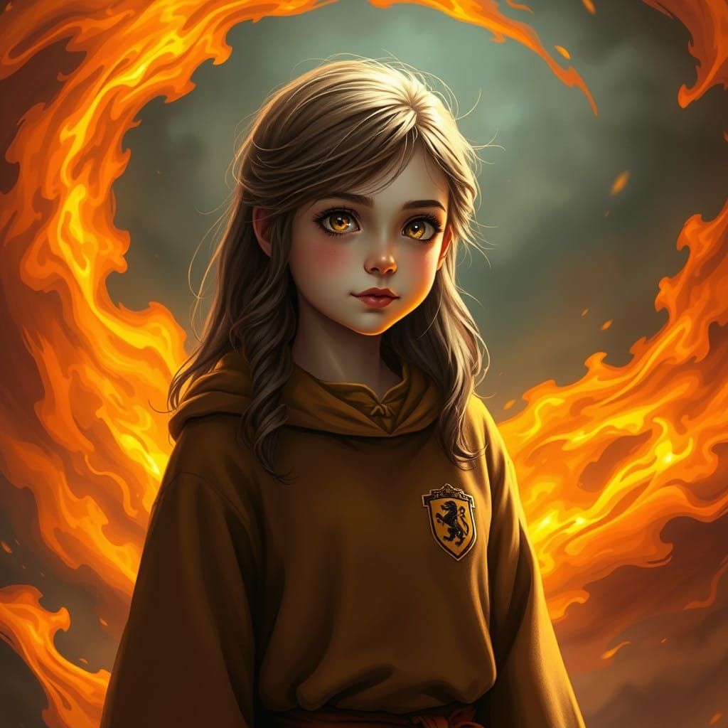 Hufflepuff Girl Amidst Fiery Vortex