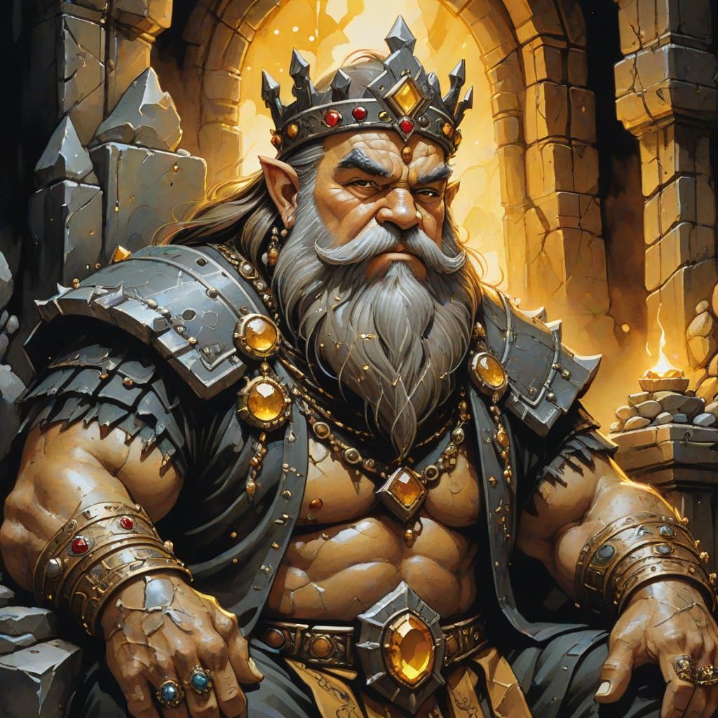 Dwarf King on Gem Throne in Ink Painting Style