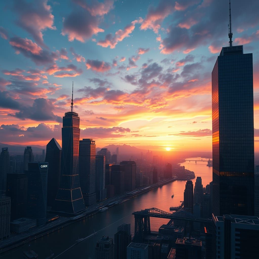 Golden Twilight Cityscape with Shimmering Reflections