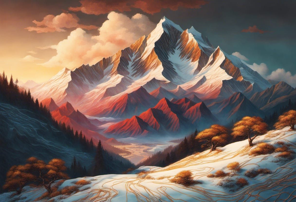 Sunset in snowy mountains.