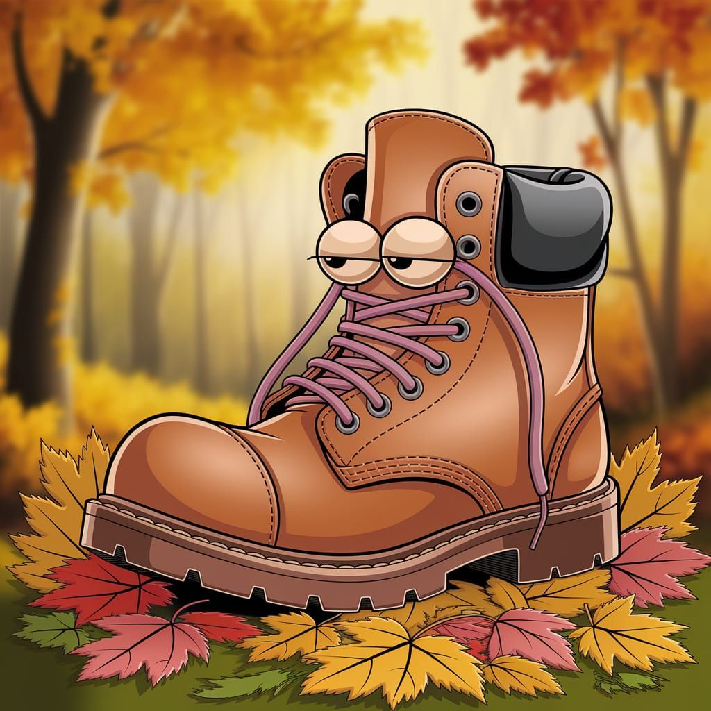 Exhausted Boot Rests on Autumn Leaves in Cartoon Style