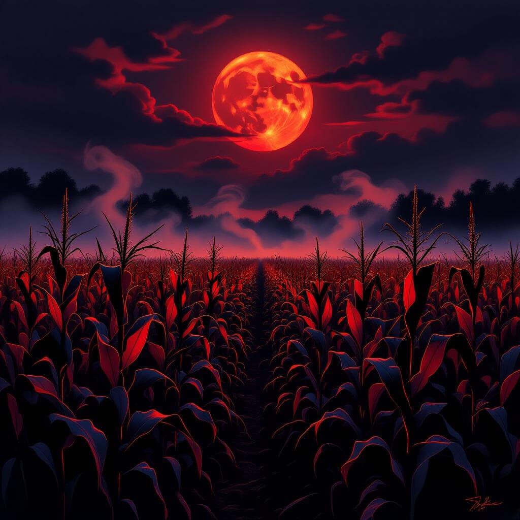 Eerie Autumn Cornfield Under Blood Moon