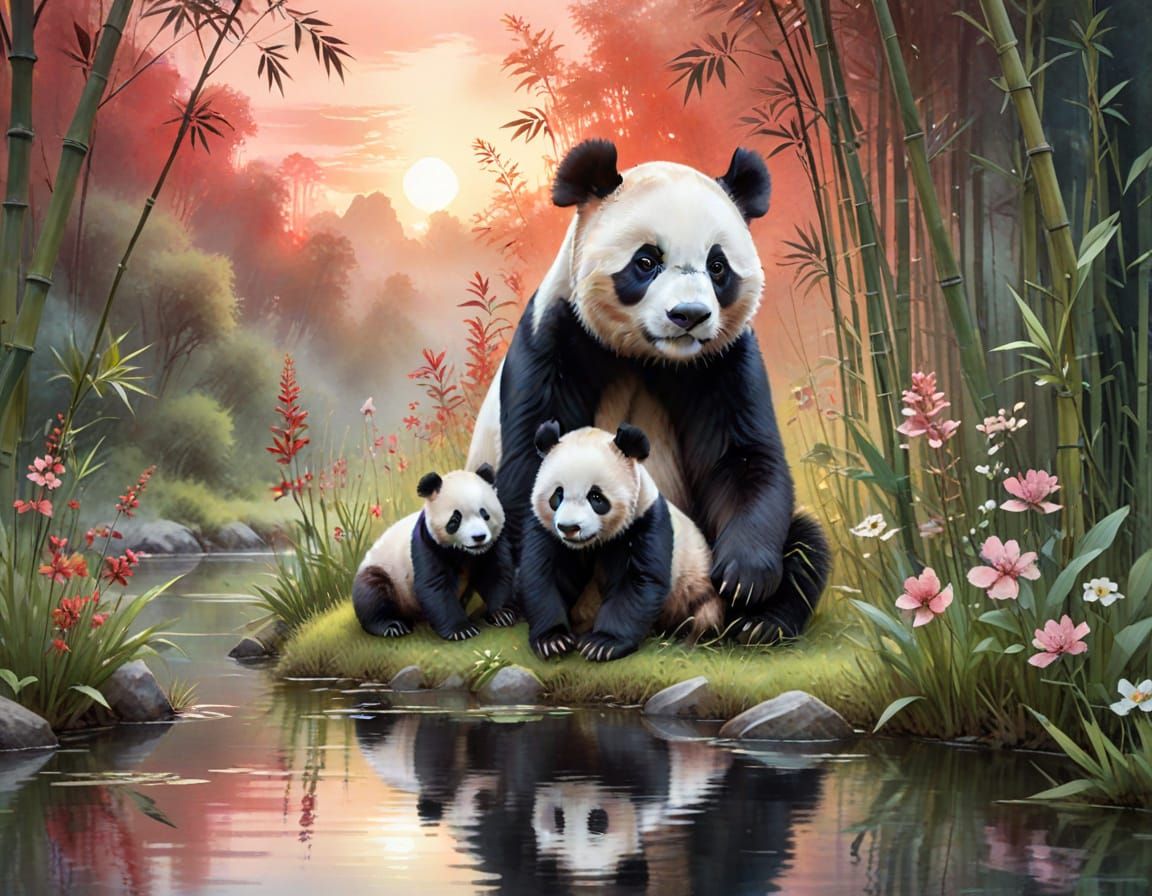 Dreamy Giant Panda Family in Watercolor Bamboo Forest