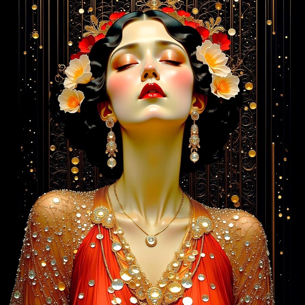 Glamorous Klimt-Inspired Woman in a Mesh of Rubies and Pearl...