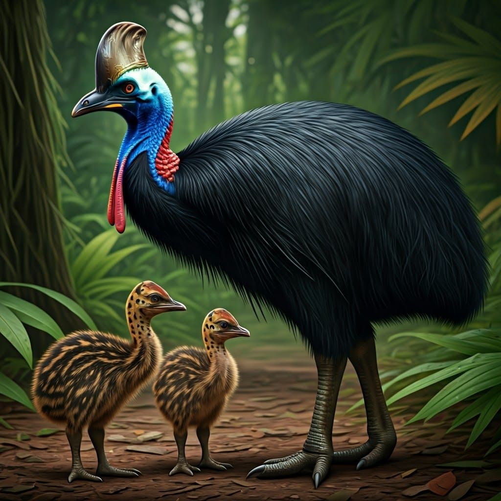Cassowary Family Portrait in Vibrant Fantasy Colors