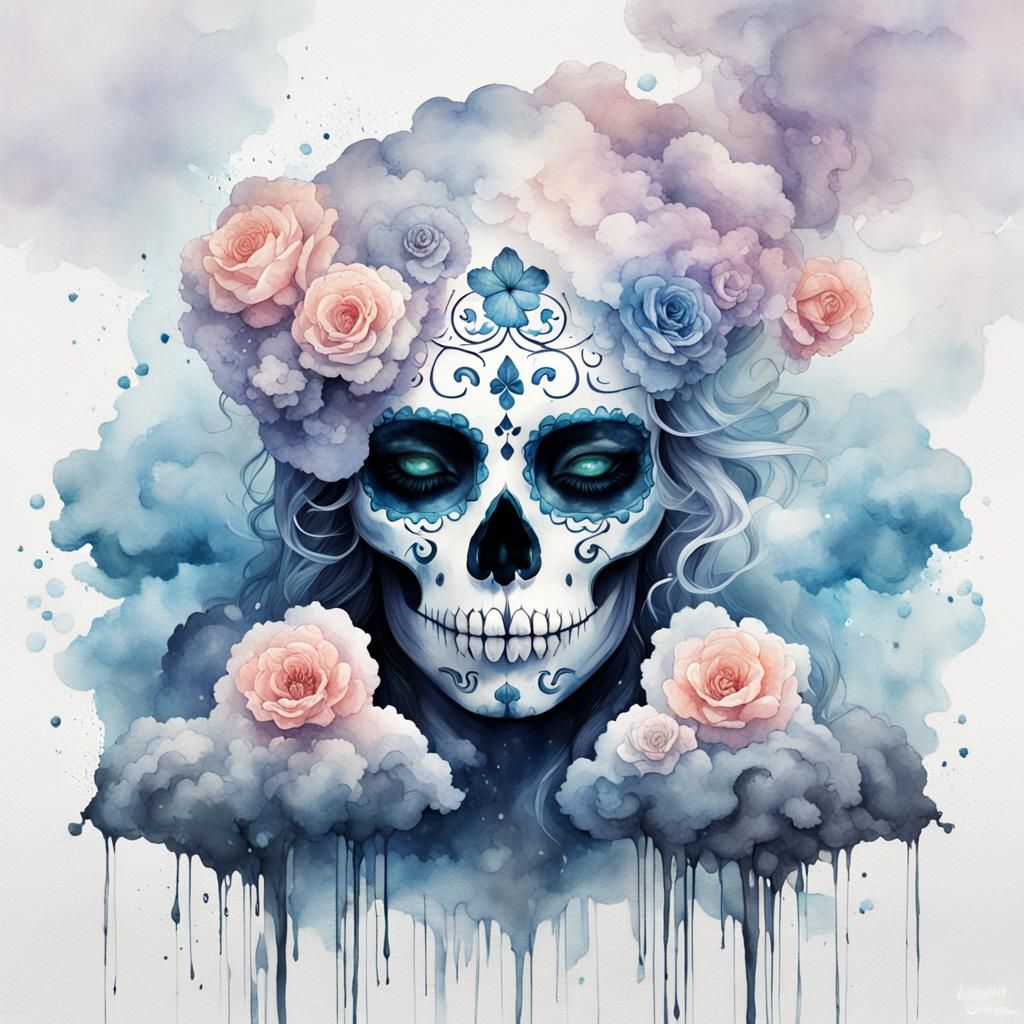 Cloud Sugar Skull: Digital Art in Ink and Watercolor