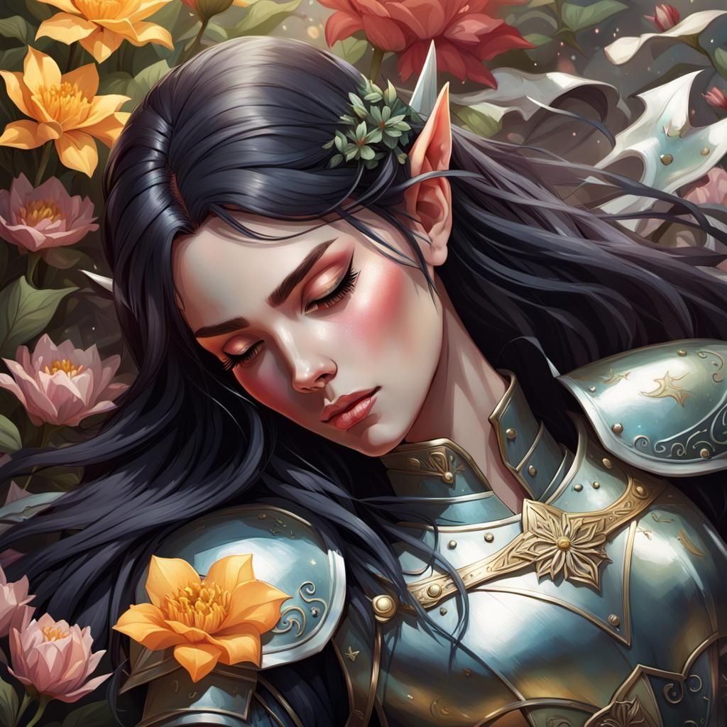 Sleeping Elven Knight in a Flower Field