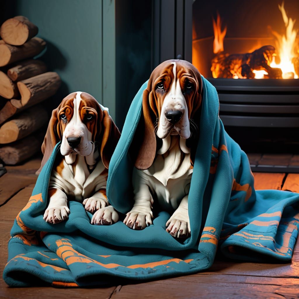 Mother Basset Hound With Puppies by Cozy Stove