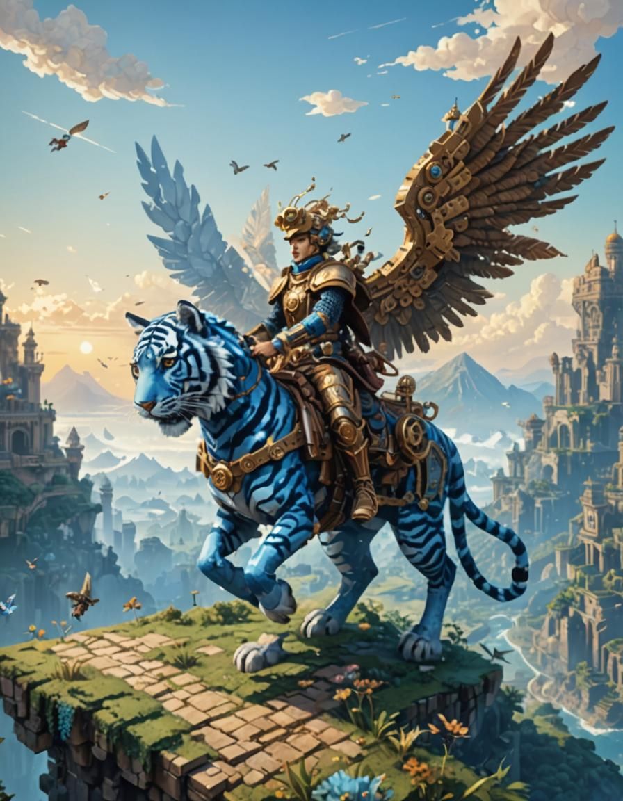 Winged Tiger and Knight in Detailed 3D Pixel Art
