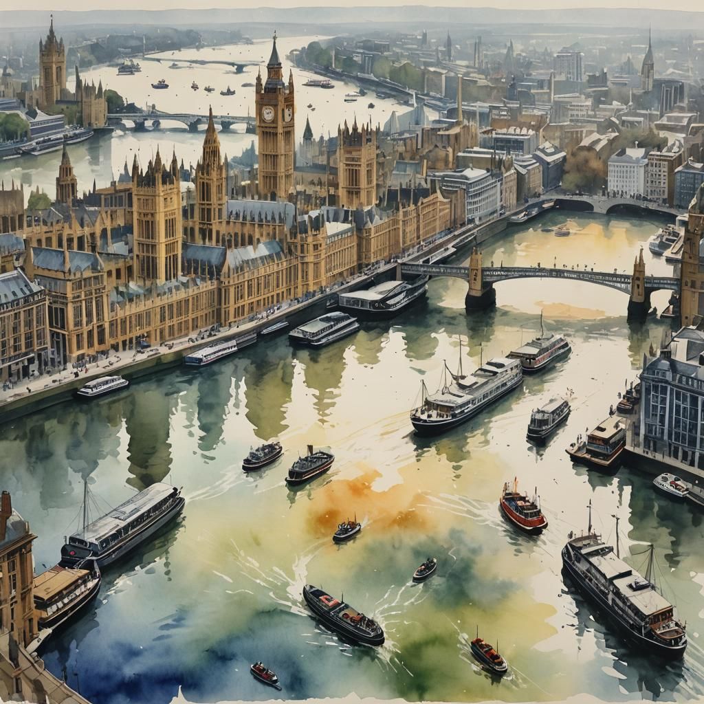 Watercolor Painting of the River Thames