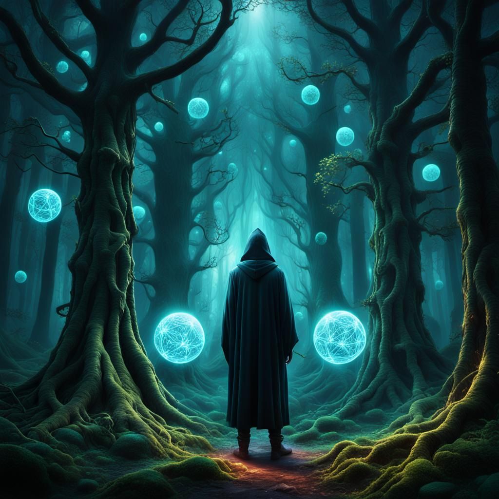 Mystical Figure in Ancient Forest with Ethereal Orbs