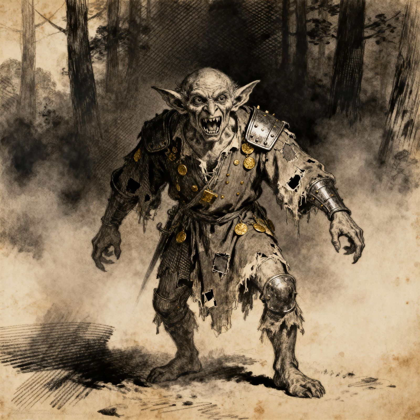 Fierce Goblin in Foggy Forest, Charcoal Drawing Style