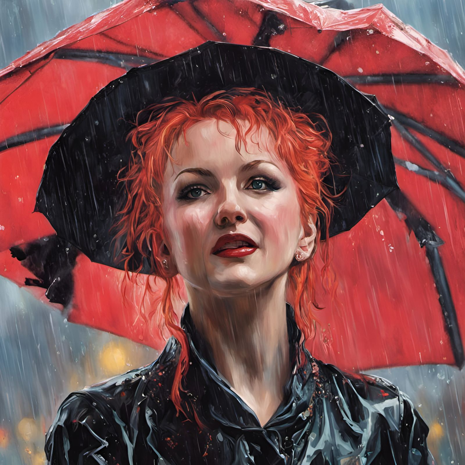 Vivid Painting of Cyndi Lauper Dancing in Rain