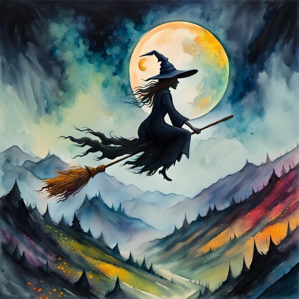 Witch Rides Broom in Neo-Impressionist Painting